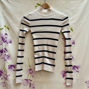 American Eagle White And Black Striped Fitted Ribbed Mock Neck Top